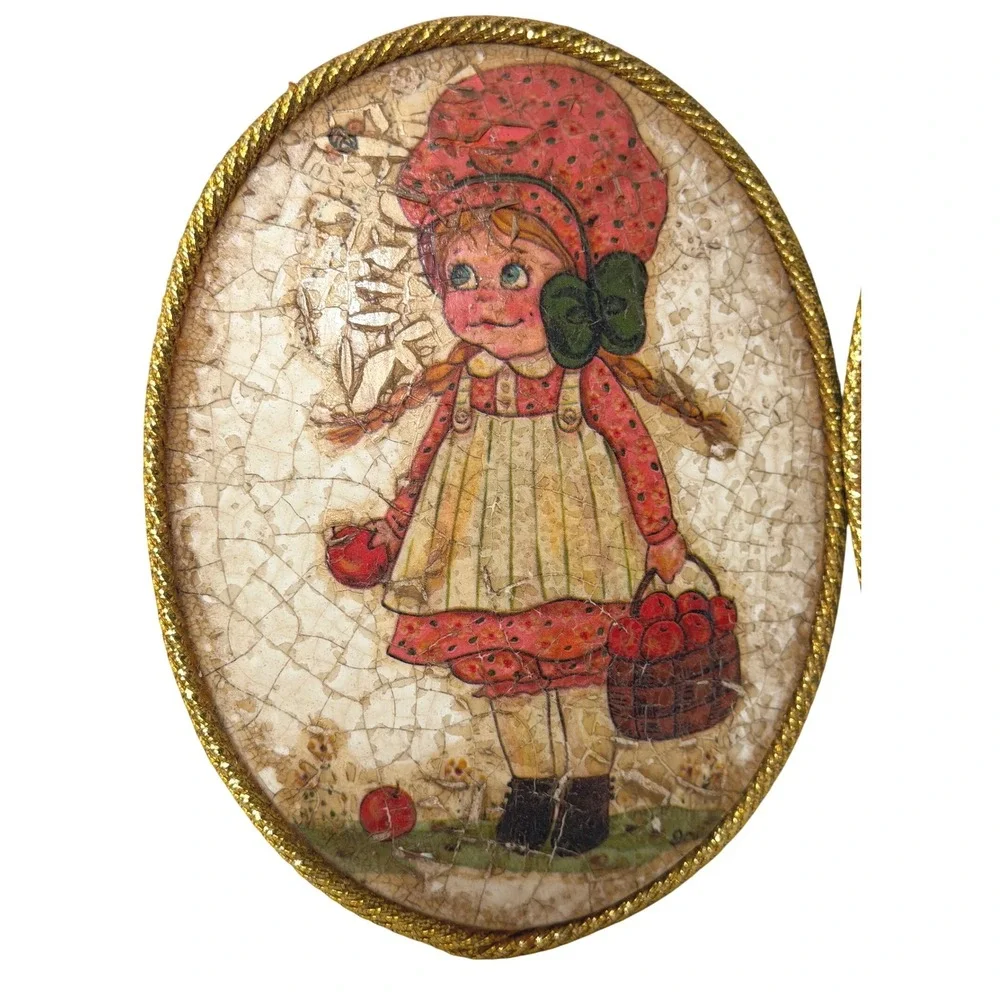 Vintage Oval Wall Plaques Set of 2 Crackle Finish Girl Boy Dog Folk Art Decor